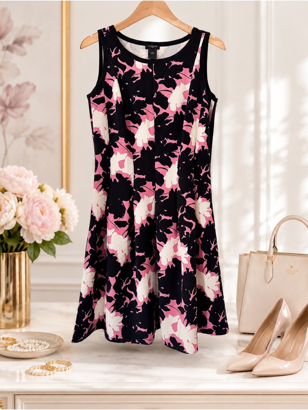 Ann Taylor Petite Pink Black Floral Sleeveless Fit & Flare Dress Size OP